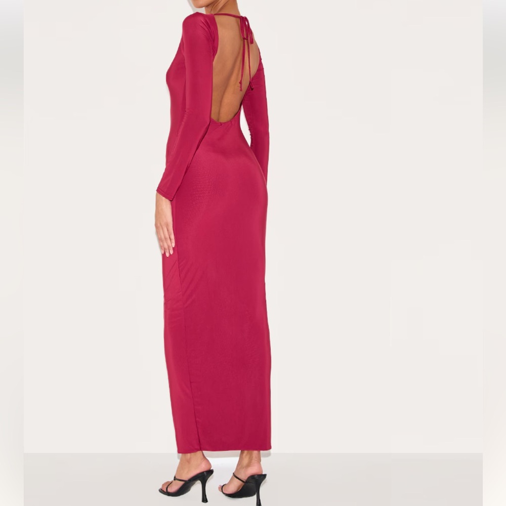 PrettyLittleThing NEW Long Sleeve Slinky Maxi Dress Wine 10 Double Layer Sexy